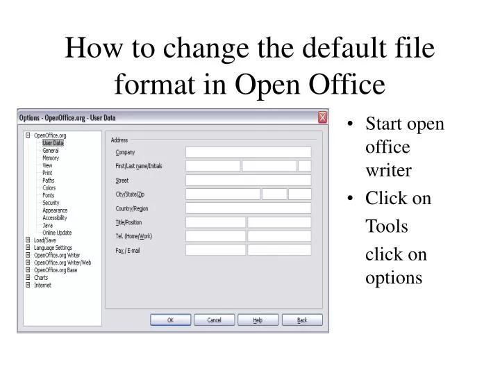 how to change the default file format in open office