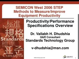 Productivity/Performance Specifications Overview Dr. Vallabh H. Dhudshia Q&amp;R Consultant Standards Technology Group