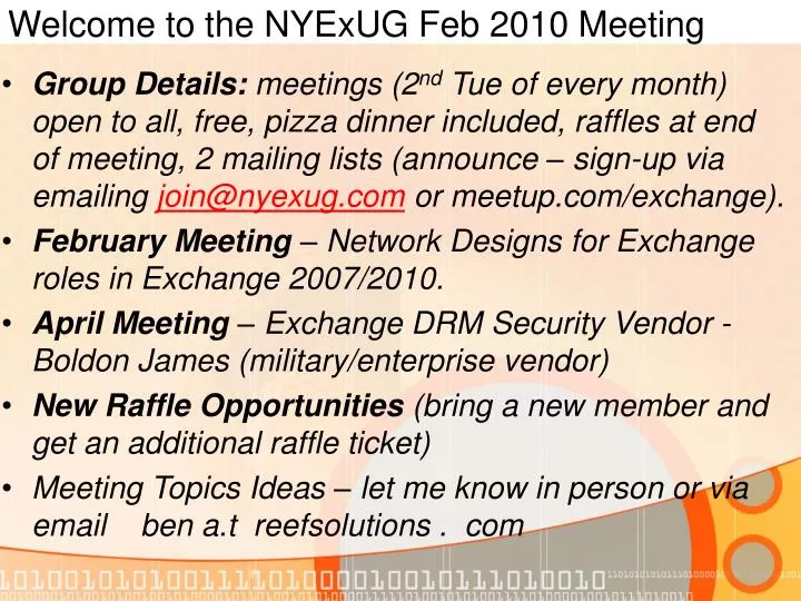 welcome to the nyexug feb 2010 meeting