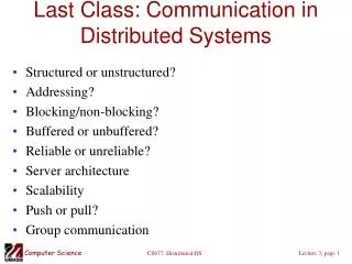Last Class: Communication in Distributed Systems