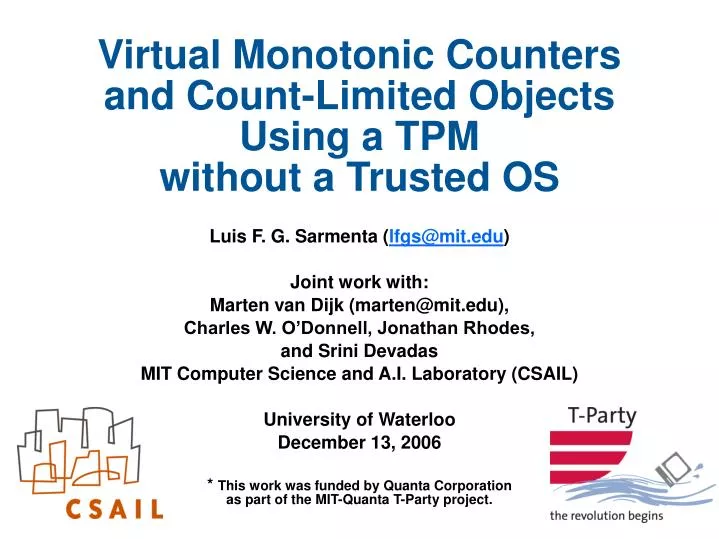 virtual monotonic counters and count limited objects using a tpm without a trusted os