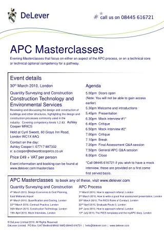Evening Masterclasses that focus on either an aspect of the APC process, or on a technical core or technical optional co