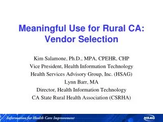 Meaningful Use for Rural CA: Vendor Selection