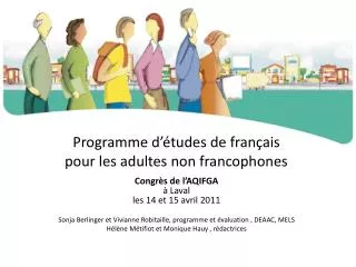 Programme d’études de français pour les adultes non francophones