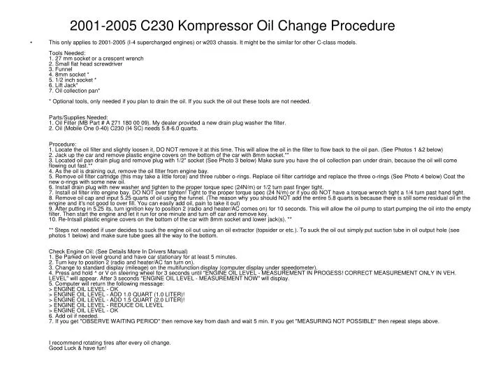 2001 2005 c230 kompressor oil change procedure