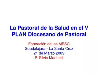 La Pastoral de la Salud en el V PLAN Diocesano de Pastoral