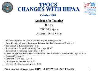 TPOCS CHANGES WITH HIPAA October 2003