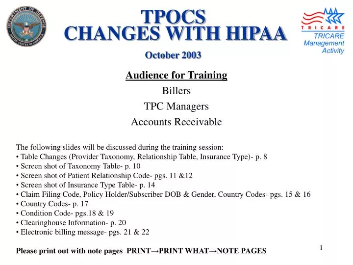 tpocs changes with hipaa october 2003