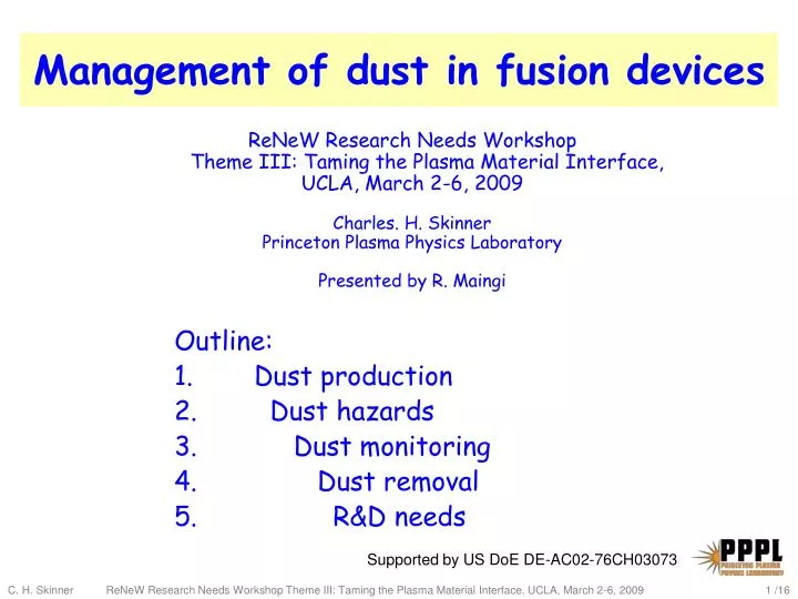 management of dust in fusion devices