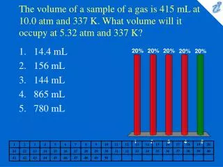 The volume of a sample of a gas is 415 mL at 10.0 atm and 337 K. What volume will it occupy at 5.32 atm and 337 K?