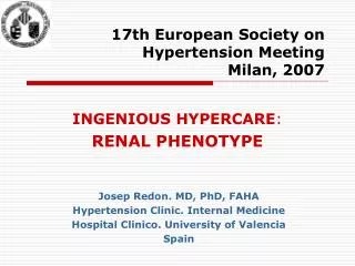 17th European Society on Hypertension Meeting Milan, 2007