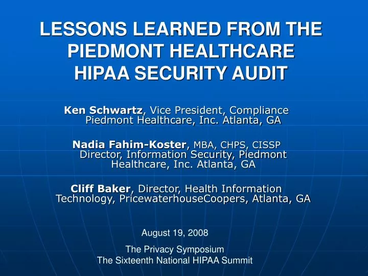 lessons learned from the piedmont healthcare hipaa security audit