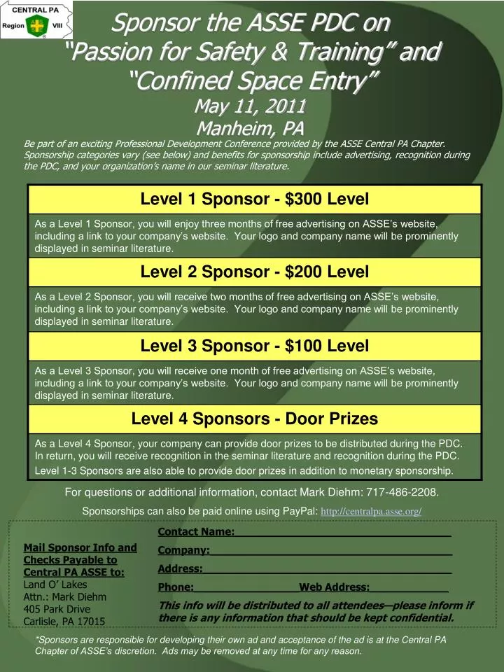 sponsor the asse pdc on passion for safety training and confined space entry may 11 2011 manheim pa