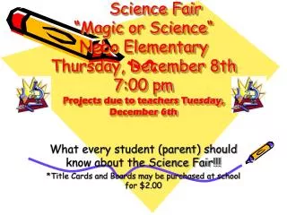 What every student (parent) should know about the Science Fair!!! *Title Cards and Boards may be purchased at school for