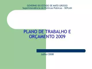 GOVERNO DO ESTADO DE MATO GROSSO Superintendência de Políticas Públicas - SEPLAN PLANO DE TRABALHO E ORÇAMENTO 2009 Julh