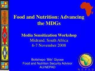Food and Nutrition: Advancing the MDGs Media Sensitization Workshop Midrand, South Africa 6-7 November 2008