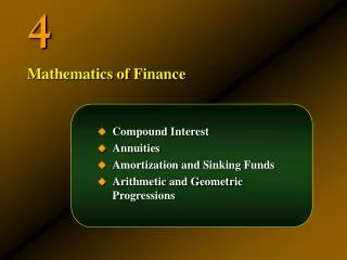 Compound Interest Annuities Amortization and Sinking Funds Arithmetic and Geometric Progressions