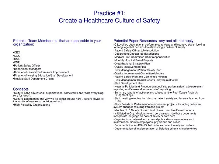 practice 1 create a healthcare culture of safety