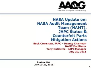 NASA Update on: NASA Audit Management Team (NAMT), JAPC Status &amp; Counterfeit Parts Mitigation Actions