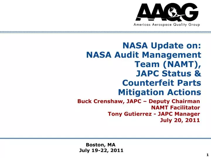 nasa update on nasa audit management team namt japc status counterfeit parts mitigation actions