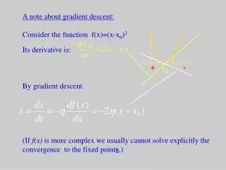 A note about gradient descent: Consider the function f(x)=(x-x 0 ) 2 Its derivative is: By gradient descent