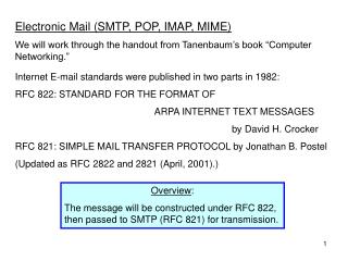 Electronic Mail (SMTP, POP, IMAP, MIME) We will work through the handout from Tanenbaum’s book “Computer Networking.”