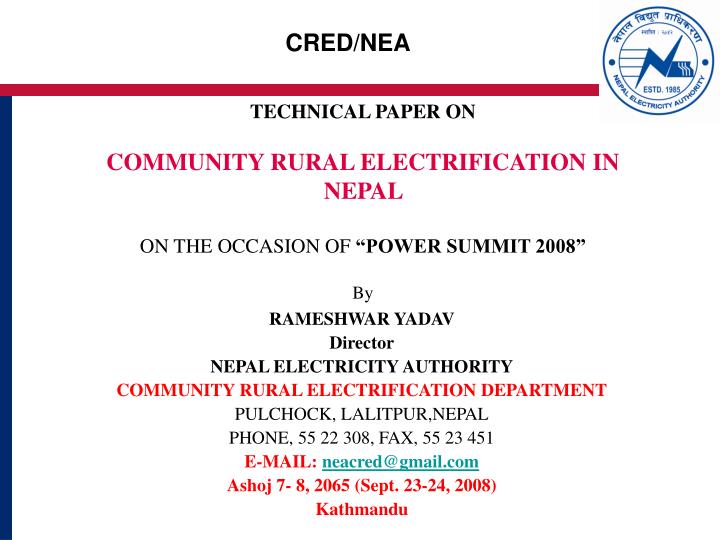 technical paper on community rural electrification in nepal on the occasion of power summit 2008 by