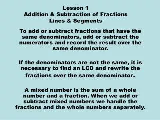 Lesson 1 Addition &amp; Subtraction of Fractions Lines &amp; Segments