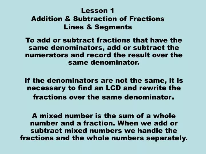 lesson 1 addition subtraction of fractions lines segments