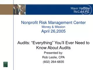 Nonprofit Risk Management Center Money &amp; Mission April 26,2005