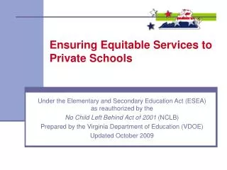 Ensuring Equitable Services to Private Schools