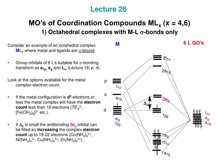 lecture 26 mo s of coordination compounds ml x x 4 6 1 octahedral complexes with m l s bonds only