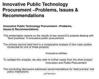 Innovative Public Technology Procurement –Problems, Issues &amp; Recommendations