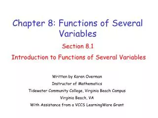 Chapter 8: Functions of Several Variables Section 8.1 Introduction to Functions of Several Variables