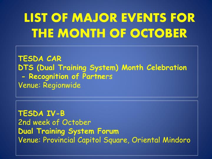 list of major events for the month of october