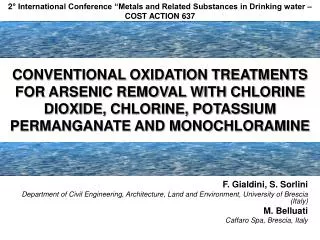 CONVENTIONAL OXIDATION TREATMENTS FOR ARSENIC REMOVAL WITH CHLORINE DIOXIDE, CHLORINE, POTASSIUM PERMANGANATE AND MONOCH