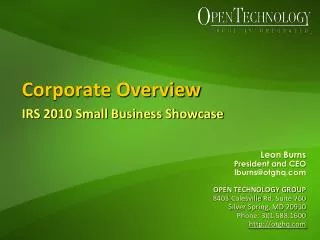 Corporate Overview IRS 2010 Small Business Showcase