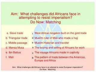 Aim: What challenges did Africans face in attempting to resist imperialism? Do Now: Matching