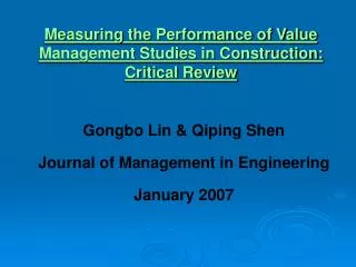Measuring the Performance of Value Management Studies in Construction: Critical Review