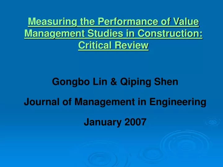 measuring the performance of value management studies in construction critical review