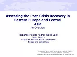 Assessing the Post-Crisis Recovery in Eastern Europe and Central Asia An Overview