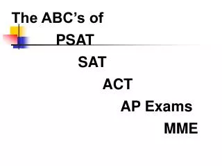 The ABC’s of 		PSAT 	 	SAT 			 ACT 				 AP Exams 					 MME
