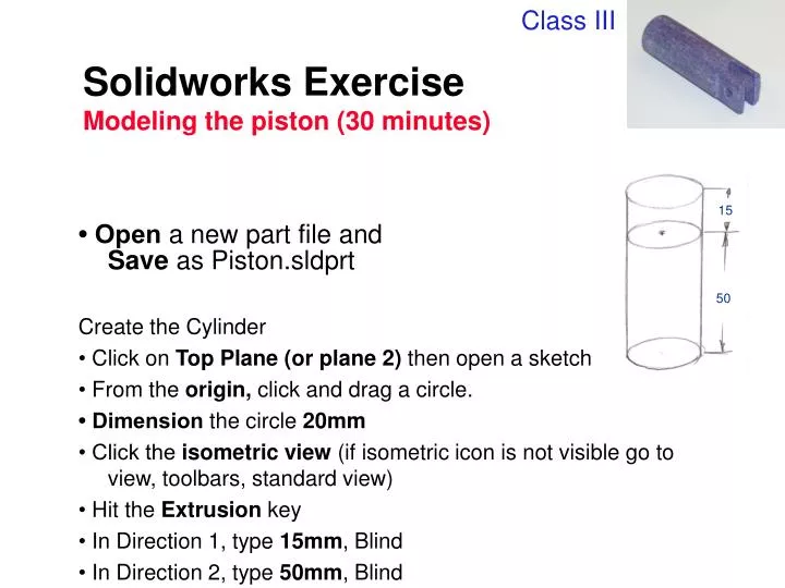 solidworks exercise modeling the piston 30 minutes
