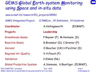 Coordinator A.Hollingsworth (ECMWF) Projects			Leadership Greenhouse Gases 	 		P.Rayner (F) M.Heimann, (D) Reactive Ga