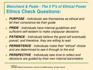 Blanchard &amp; Peale - The 5 P's of Ethical Power Ethics Check Questions: