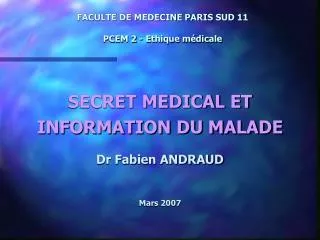 FACULTE DE MEDECINE PARIS SUD 11 PCEM 2 - Ethique médicale