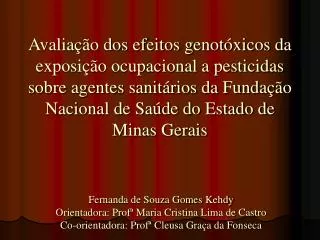 Fernanda de Souza Gomes Kehdy Orientadora: Profª Maria Cristina Lima de Castro Co-orientadora: Profª Cleusa Graça da Fon