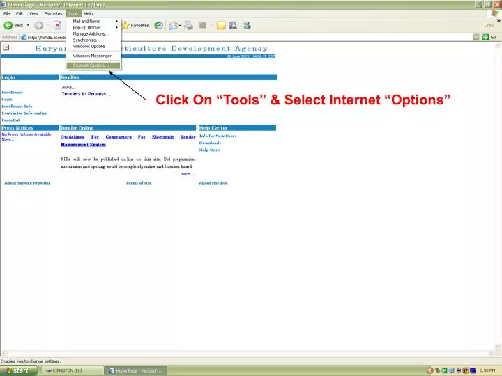 click on tools select internet options