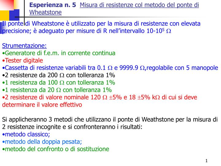 esperienza n 5 misura di resistenze col metodo del ponte di wheatstone