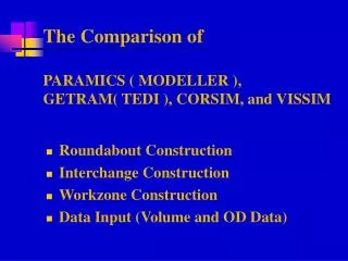 The Comparison of PARAMICS ( MODELLER ), GETRAM( TEDI ), CORSIM, and VISSIM